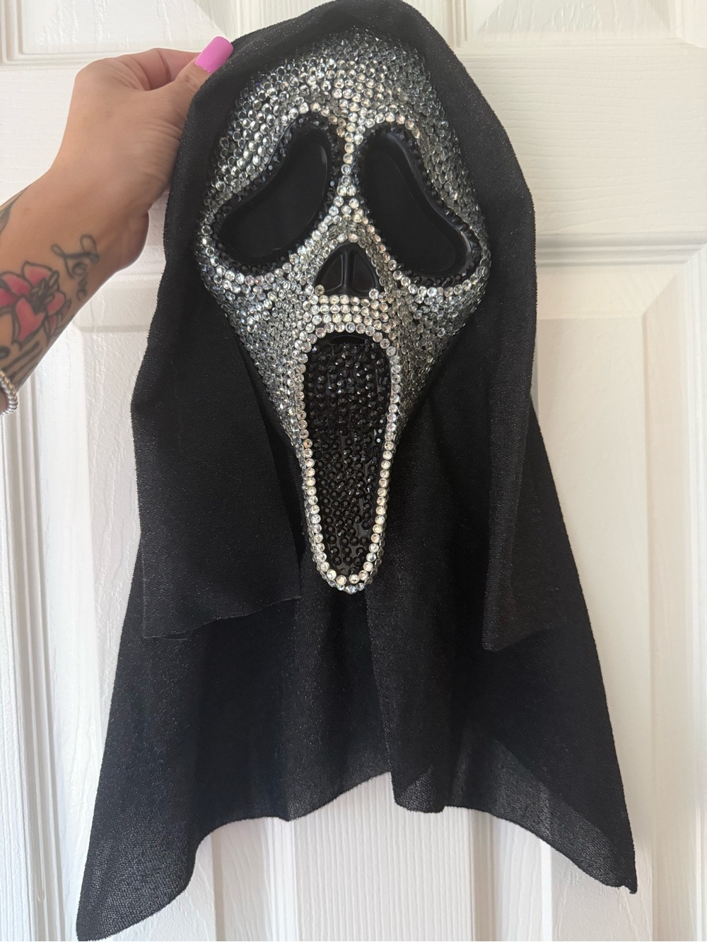 Spirit Silver & Black Rhinestone Ghost Face Mask with Hood (Faux Rhinestones)